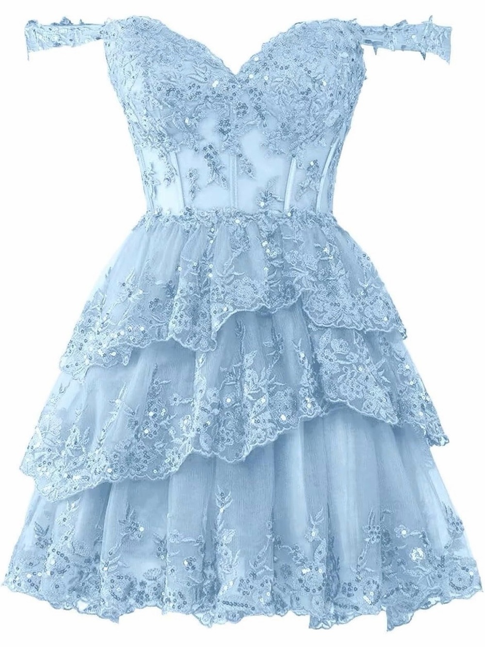 Off-Shoulder Light Blue Lace Prom Dress with Tiered Tulle Skirt